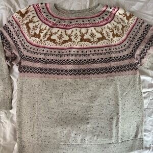 Talbots Women's Sweater with Reindeer Pattern - Pink, Brown, and Gray